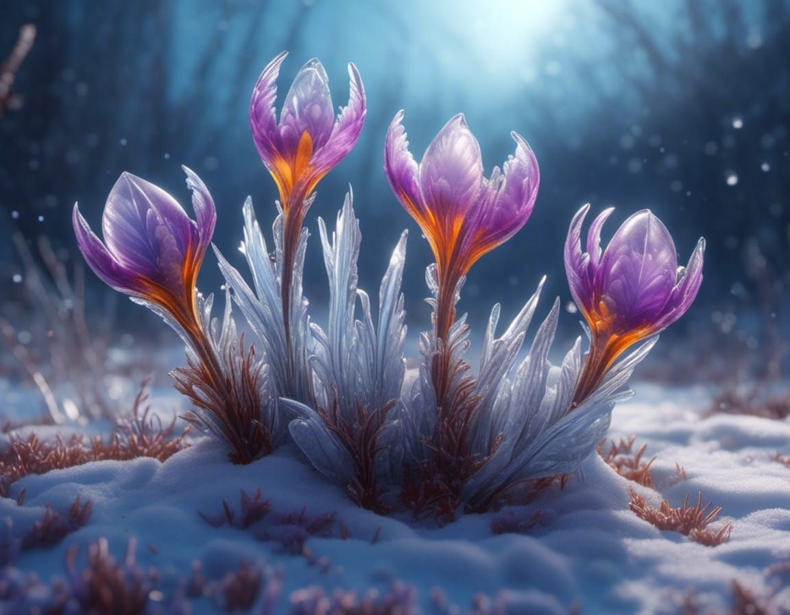 Glowing Ice Crocuses on Frozen Ground