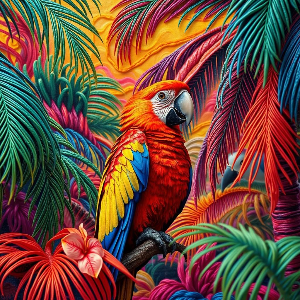 Surreal Stitched Jungle with Vibrant Parrot