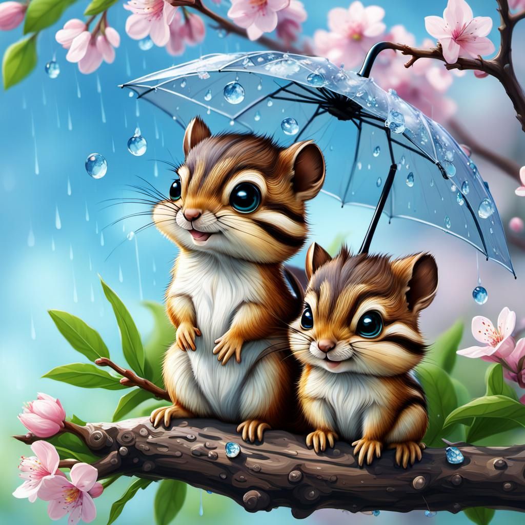 Chibi Chipmunk Family in Spring Rain