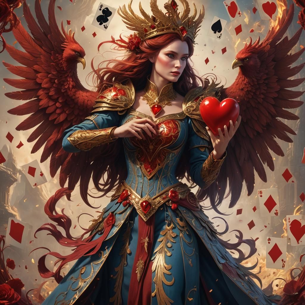 Fiery Phoenix with Queen of Hearts Card