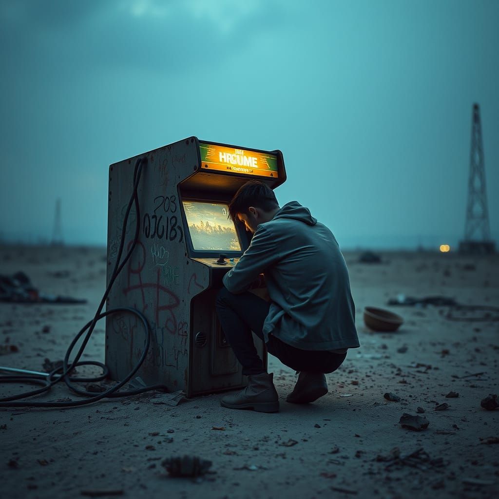 Gritty Gamer in Desolate Post-Apocalyptic Wasteland