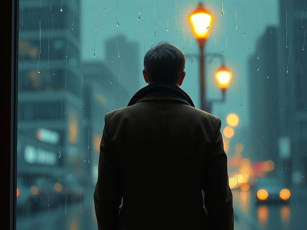 Rain-Streaked Window View of City Lights