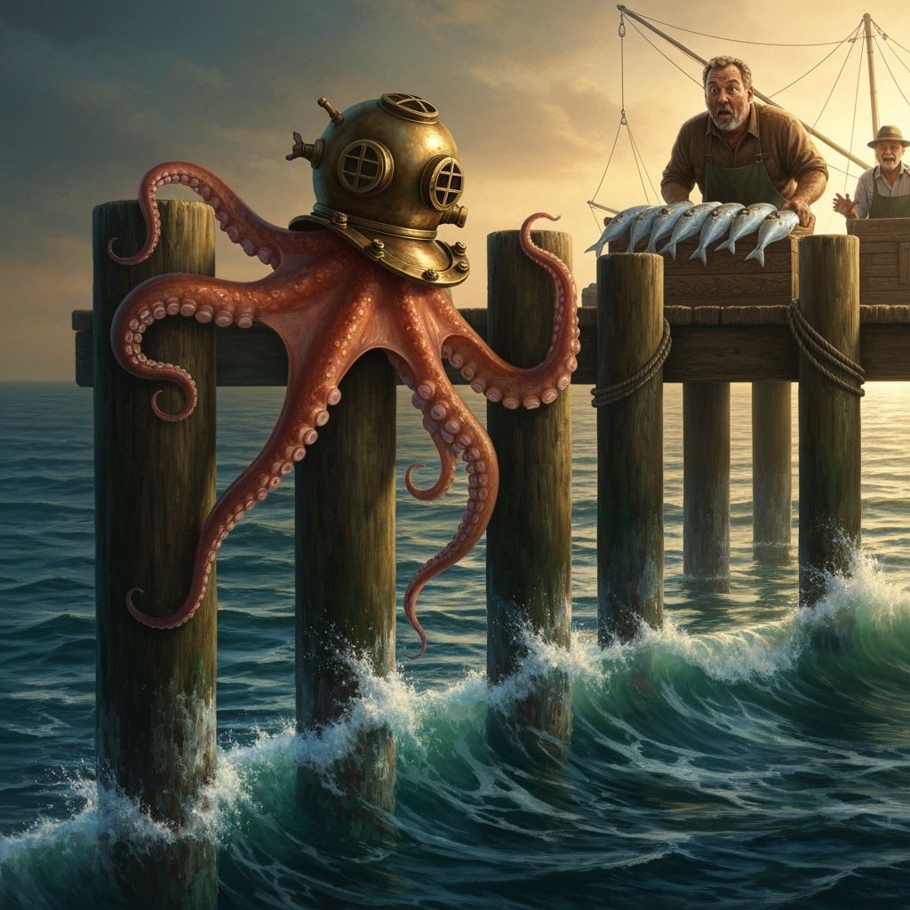 Octopus in Diving Helmet Steals Fish, as Oil Painting