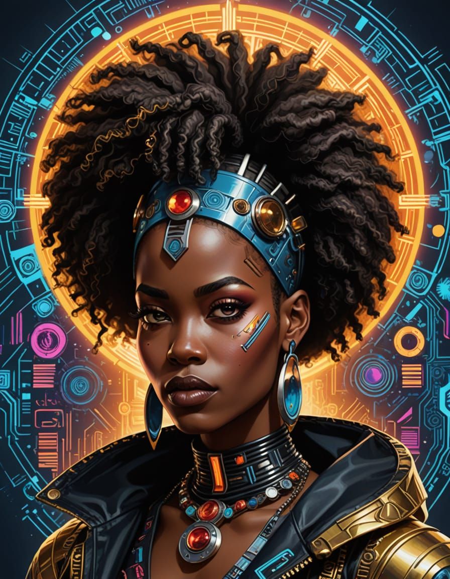 Afrofuturism Portrait in Cyberpunk Glam Rock Style