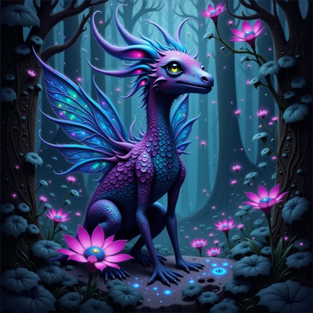 Fantastical Creature in Bioluminescent Forest Digital Painti...