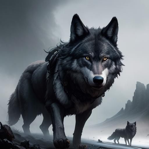 Black Wolf and Pink-Haired Girl: Digital Matte Painting