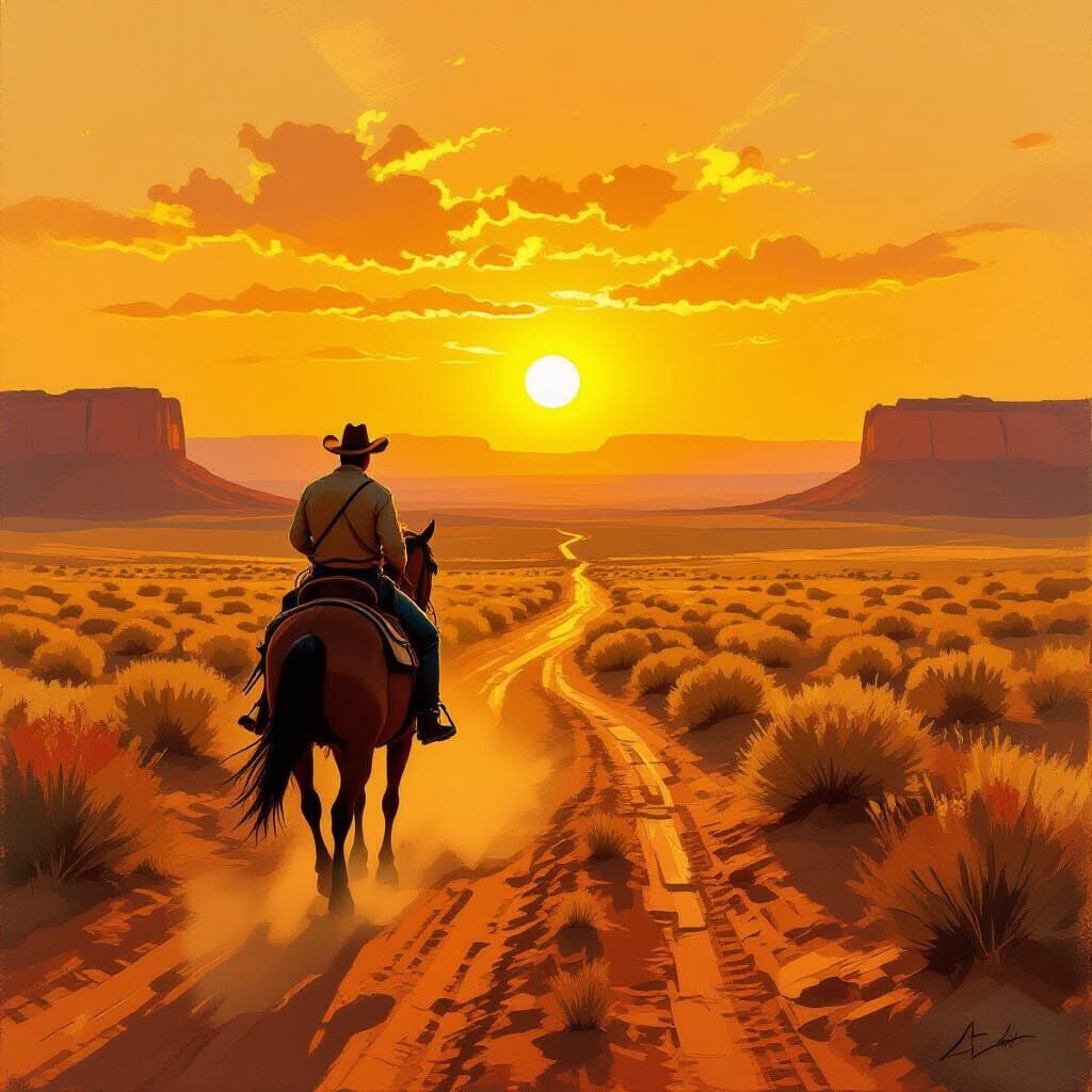 Cowboy Rides Through Sunset Plain in Painterly Realism Style