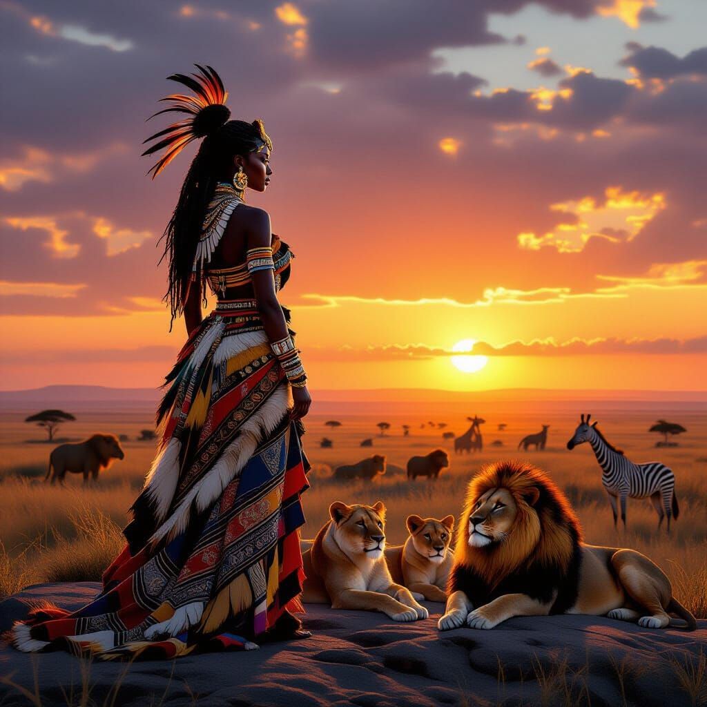 African Queen with Lions in Epic Sunset Landscape