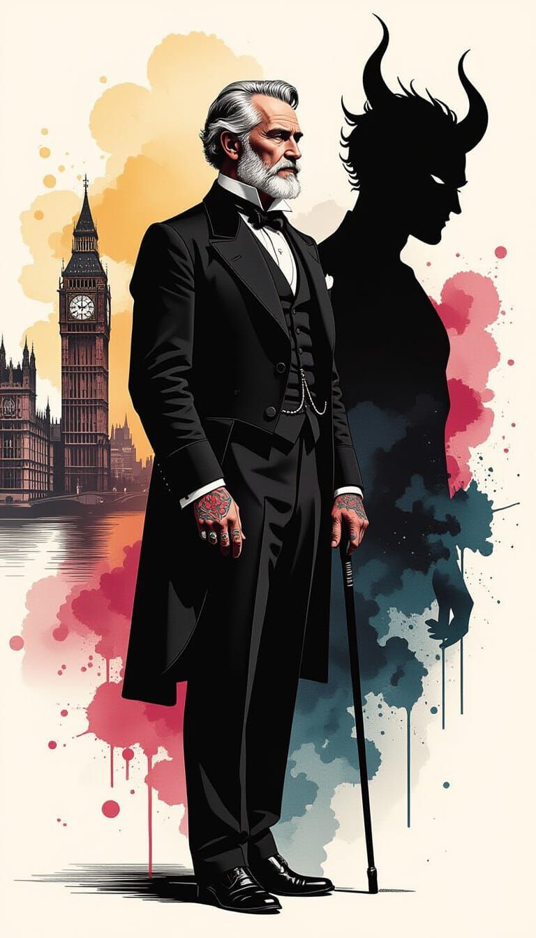 19th Century Gentleman Silhouette with Tattoos and London Ou...