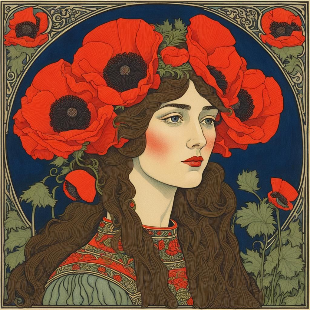 Woman with Poppies: Bilibin-Inspired Portrait