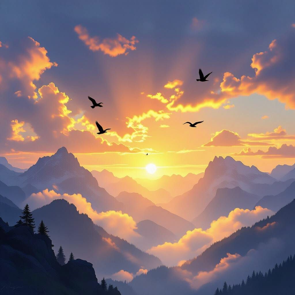 Misty Mountains at Sunrise with Soaring Birds