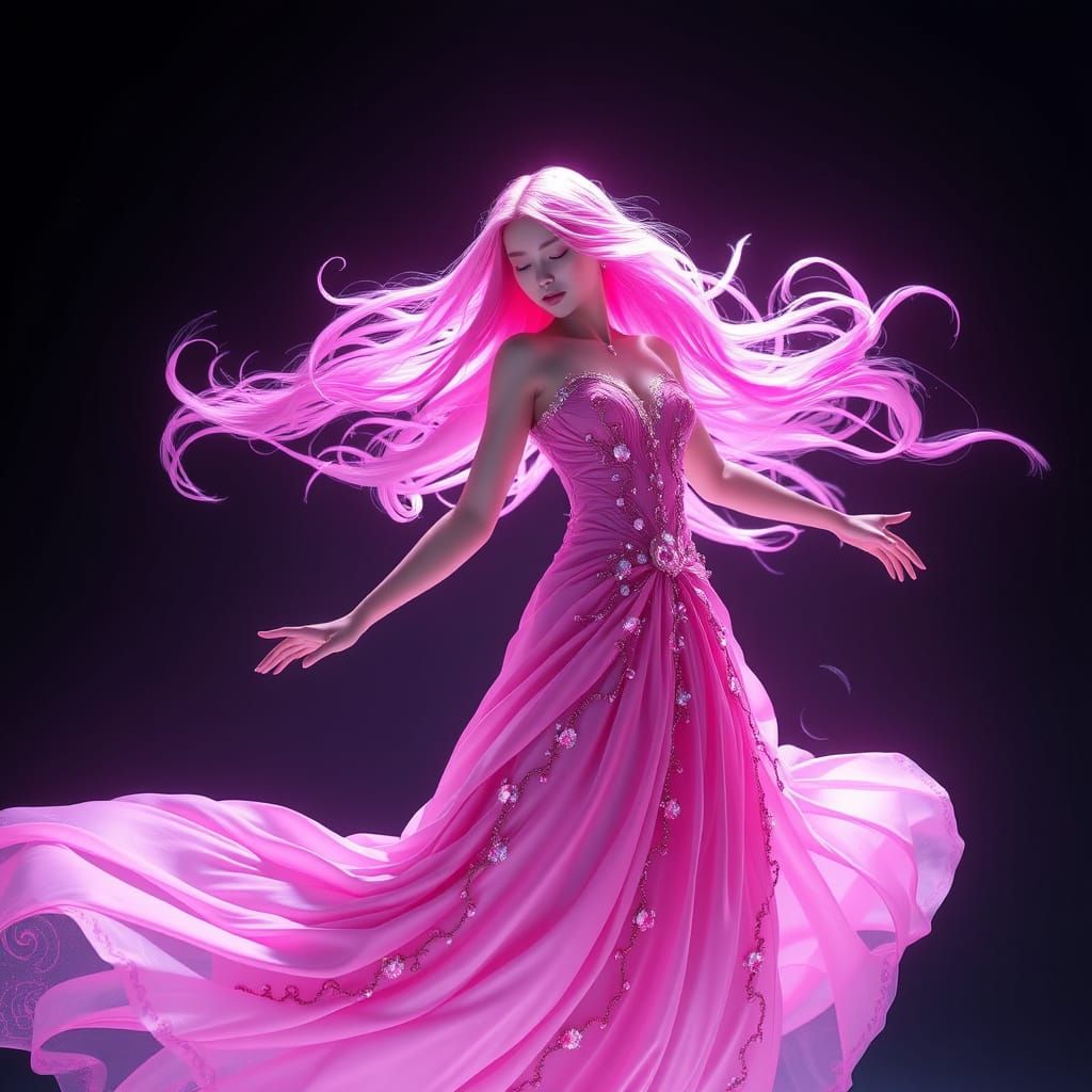 Whimsical Pink Princess Radiates Ethereal Glow in Dark Expan...