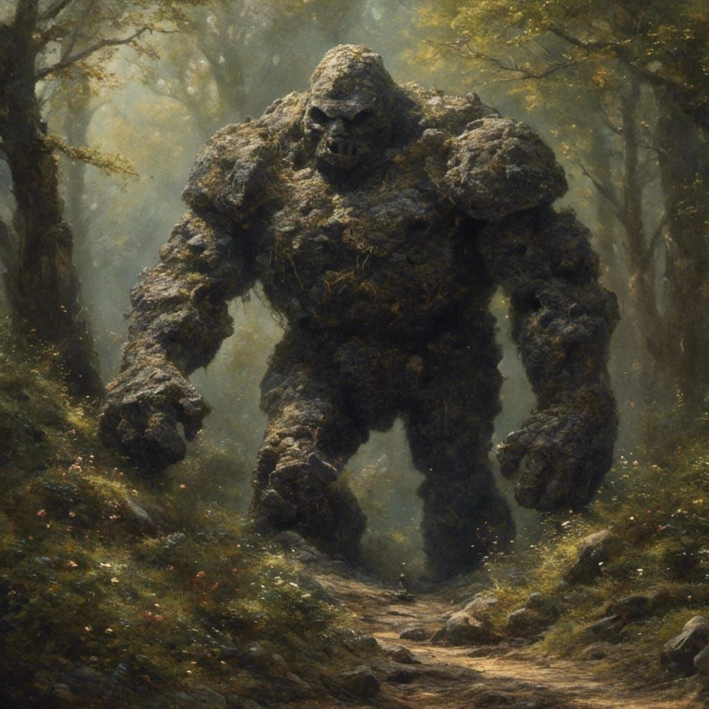 Stone Golem in Dark Fantasy Forest