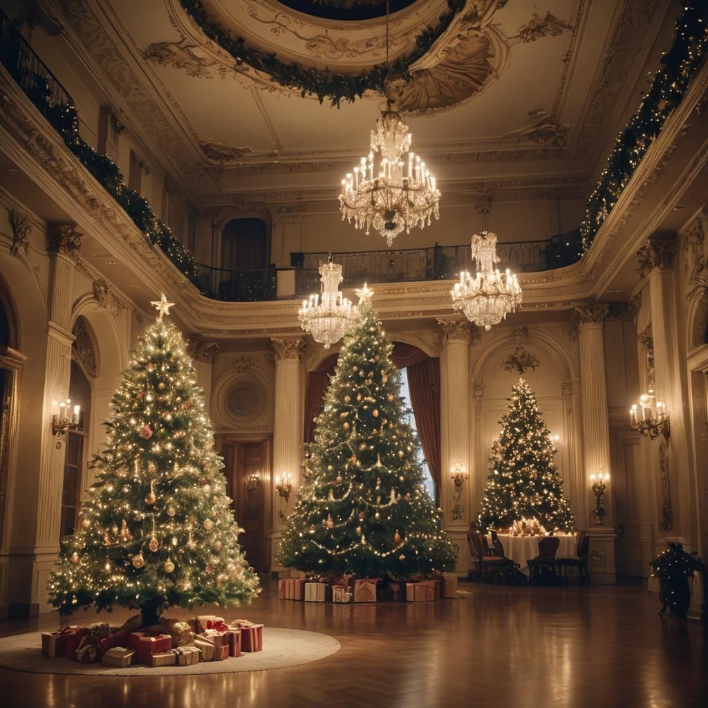 Christmas Tree in Grand Hall: Cinematic Still