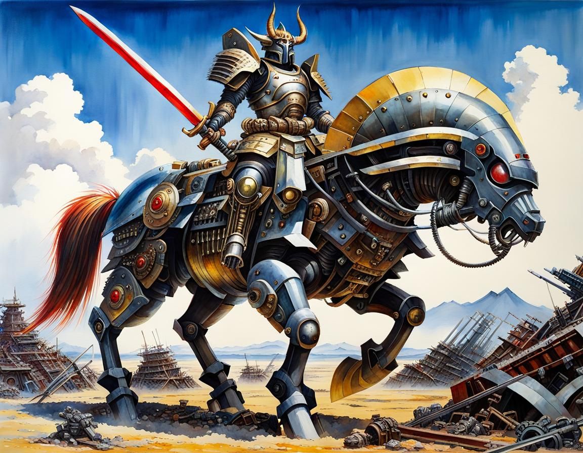 Mechanoid Centaur Samurai in Dystopian Wasteland