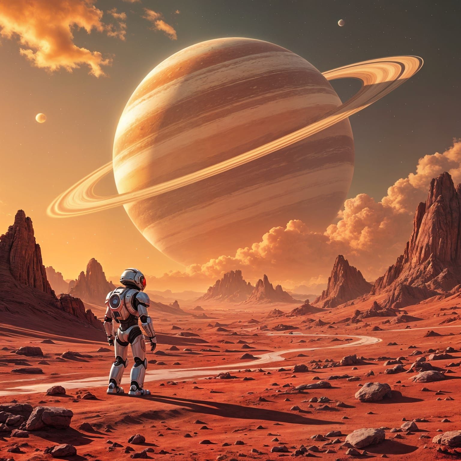 Robot Explores Alien Planet Under Giant Ringed Gas Giant