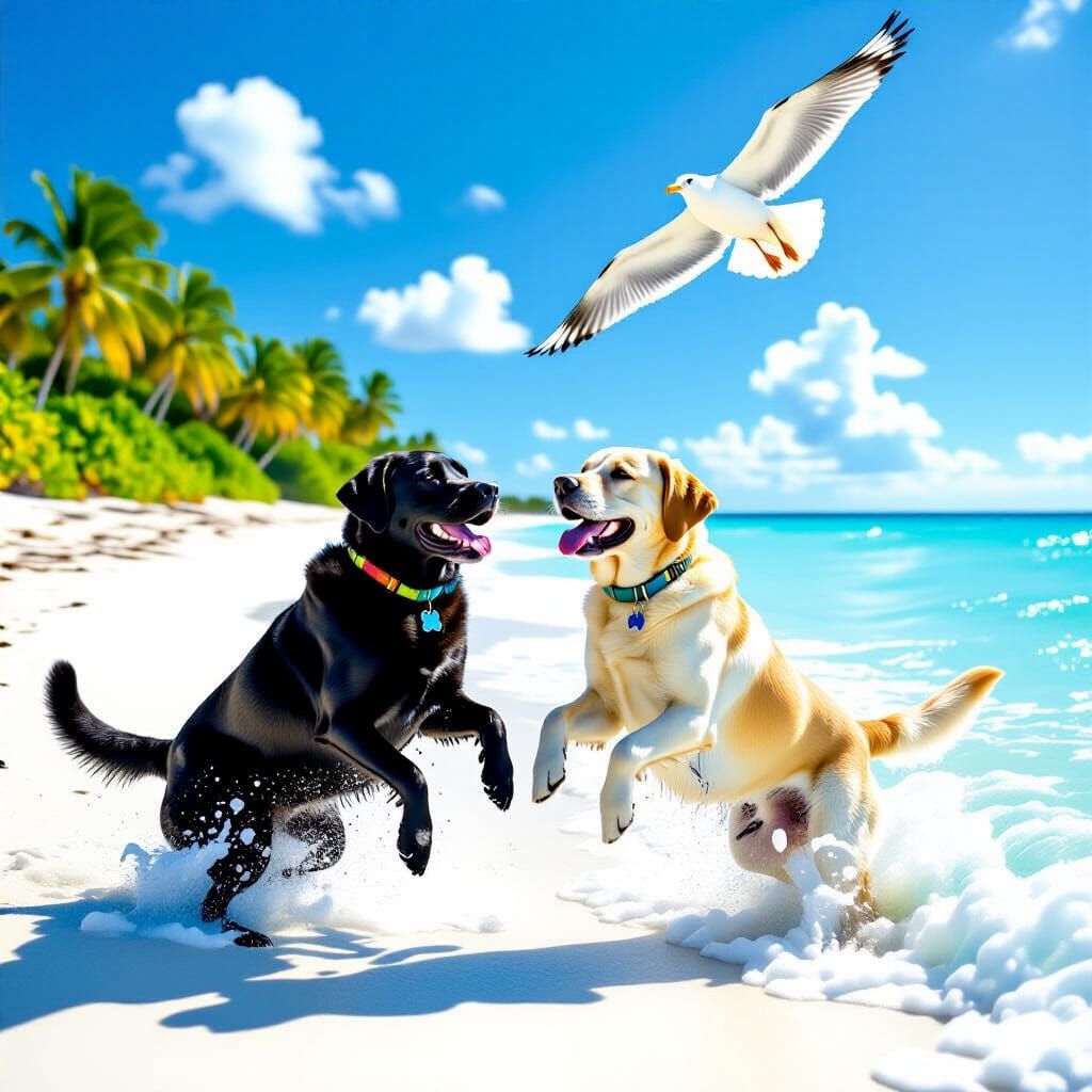 Labradors Playing on White Sand Beach, Photorealistic Style