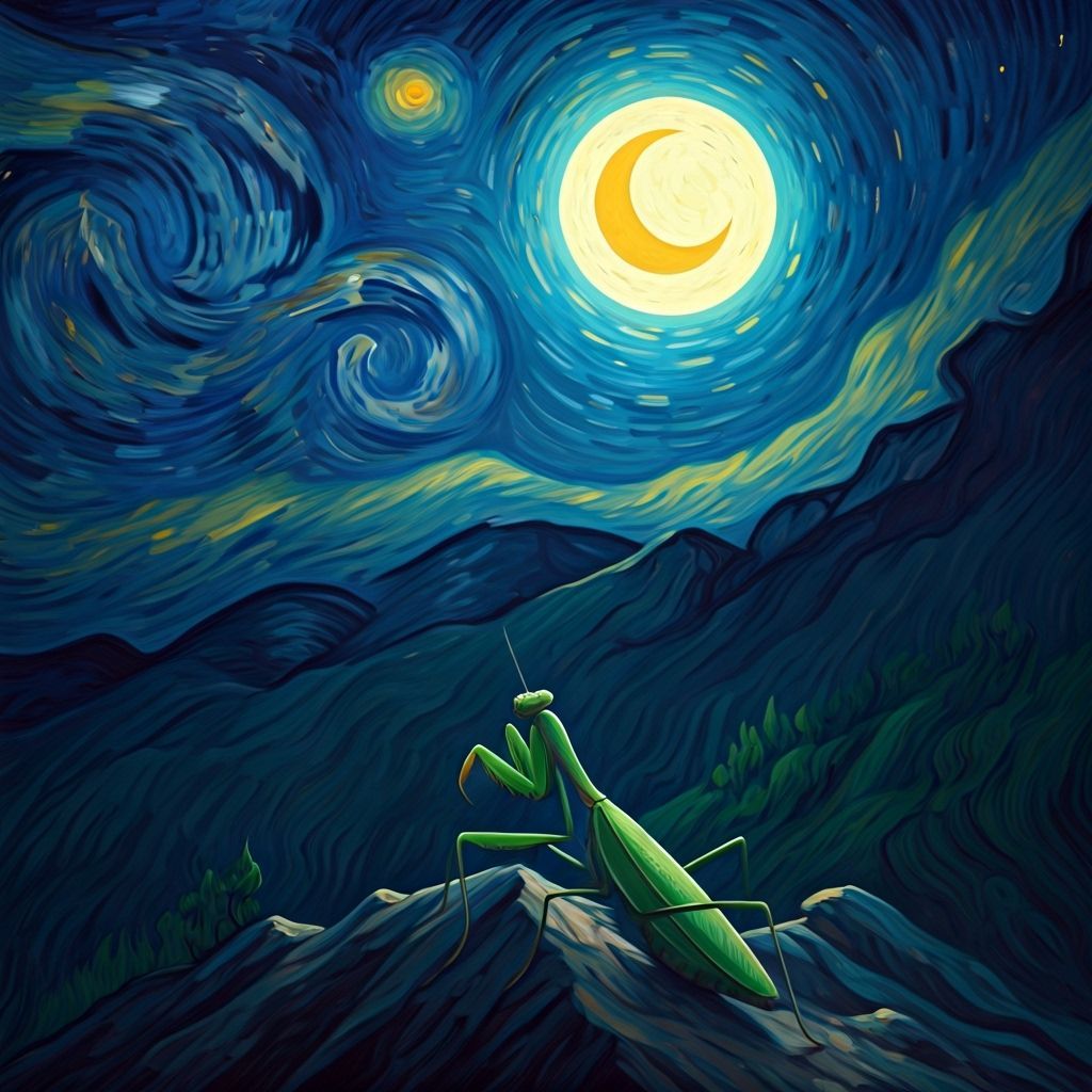 Mantis Observes Moon in Post-Impressionist Style
