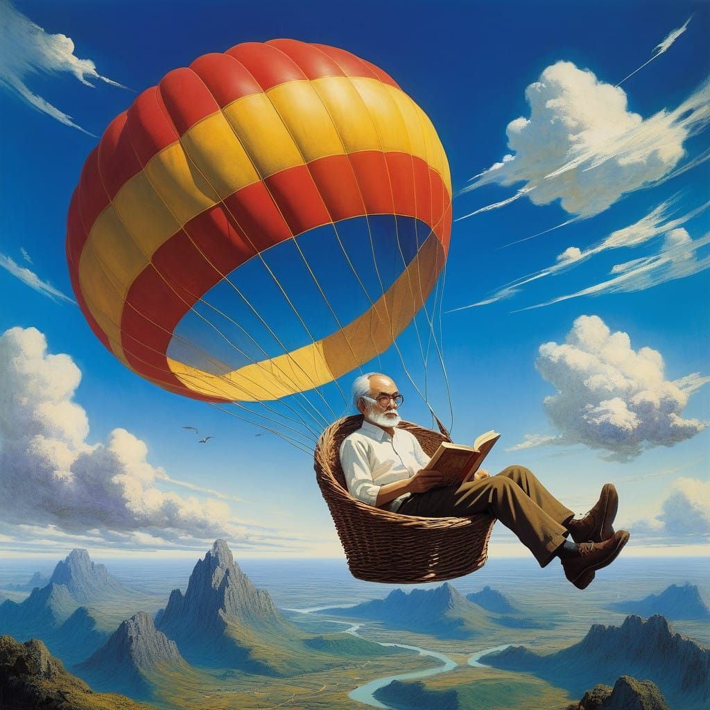 Whimsical Bookworm Amidst Clouds and Balloon