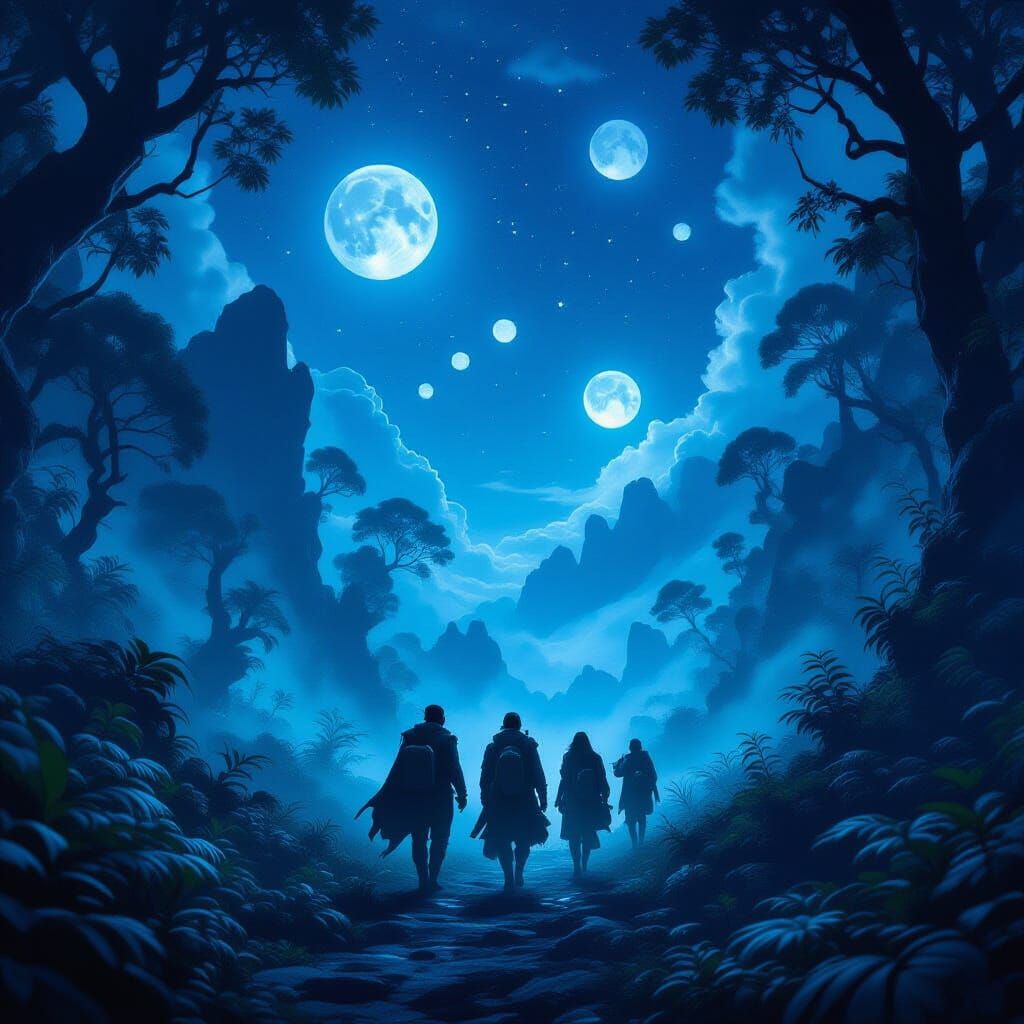 Adventurers Explore Alien Forest Under Multiple Moons