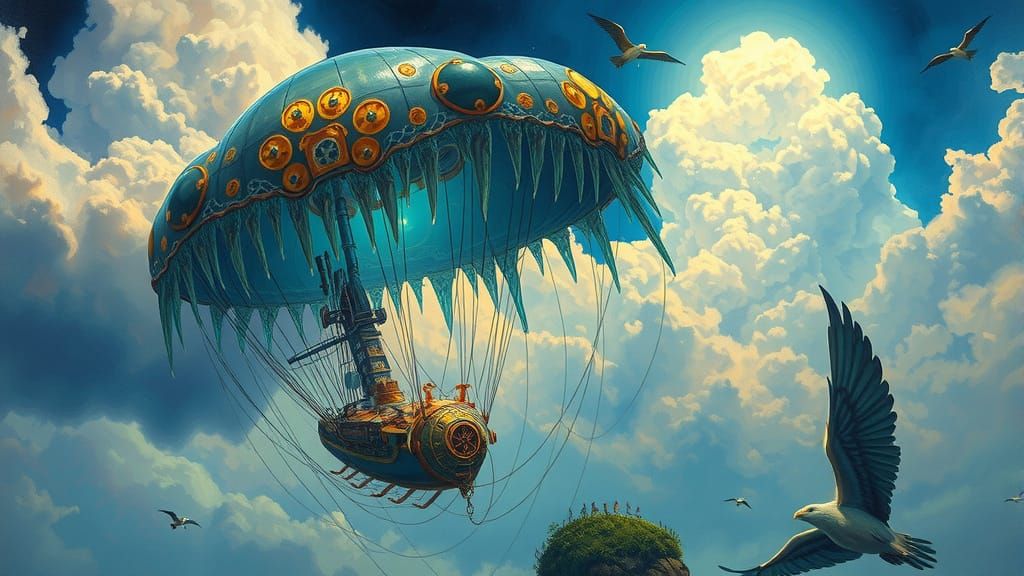 Jellyfish Airship in Neo-Impressionist Oil Painting Style