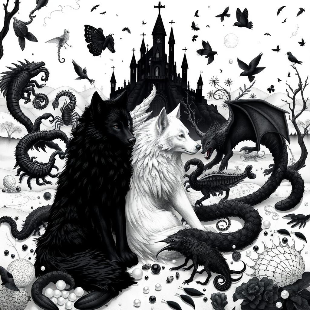 Surreal Black and White Dreamscape with Wolves