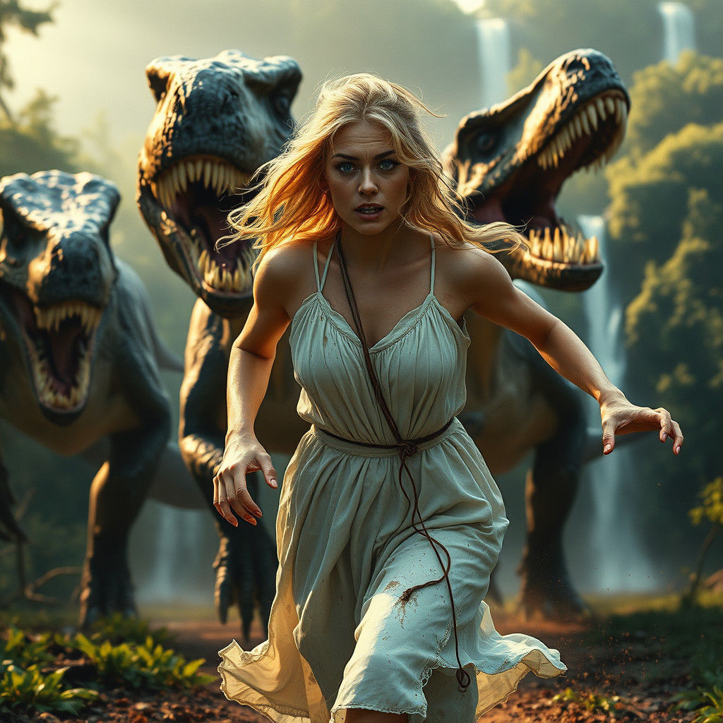 Frightened Maiden Running from Dinosaurs in Prehistoric Scen...