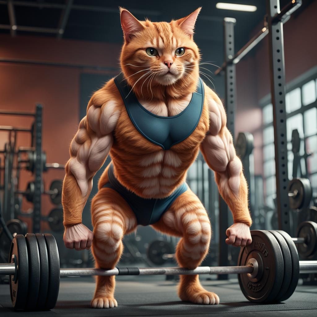Ginger cat doing deadlift