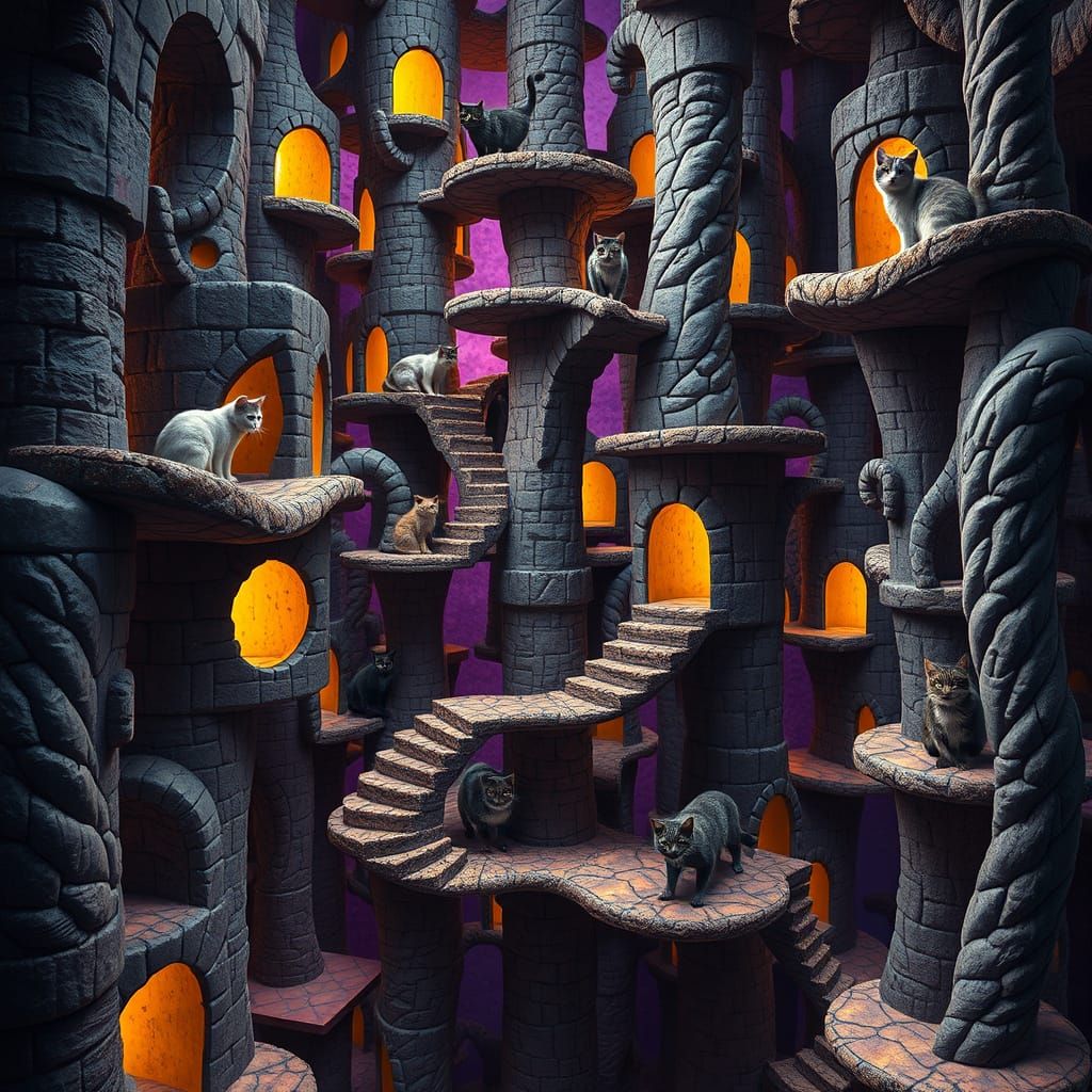 Cats in Escher-esque Dark Fantasy Towers