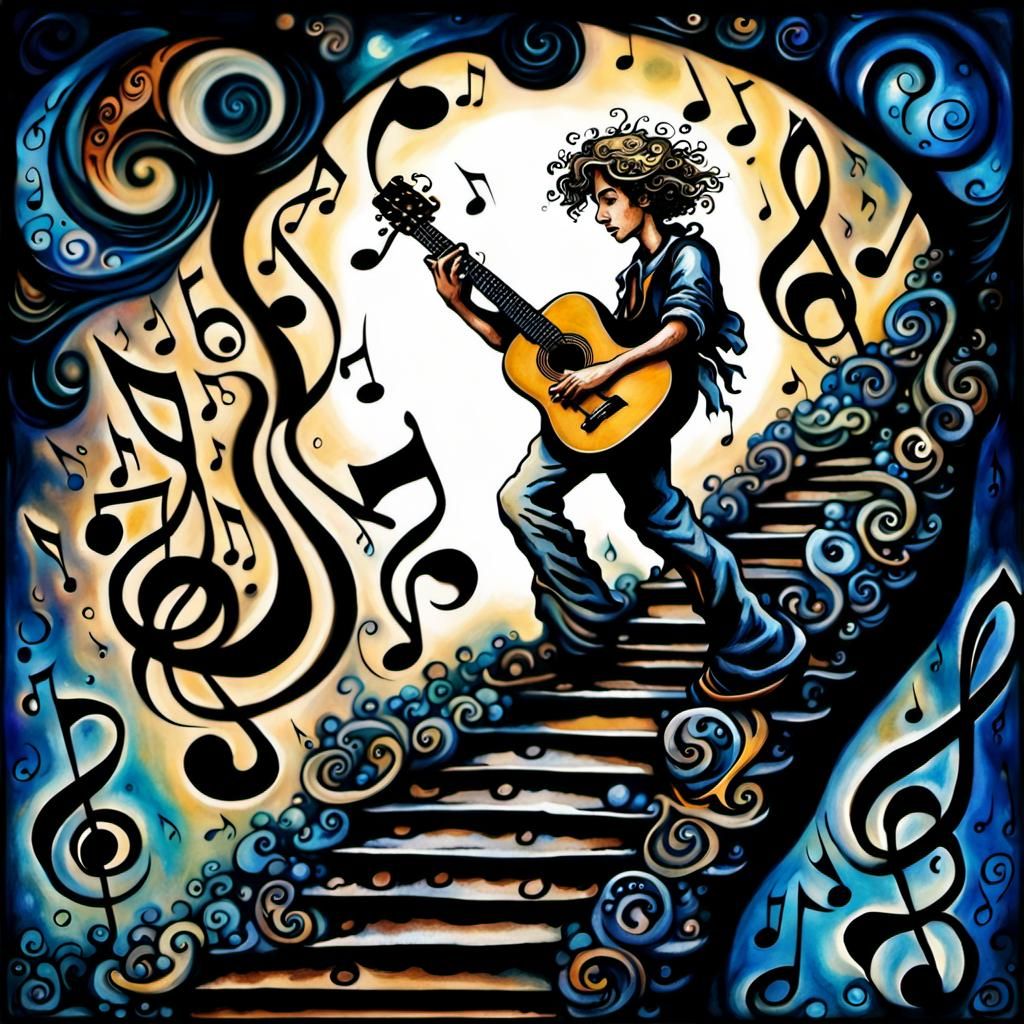 Whimsical Guitarist on Musical Staircase Illustration