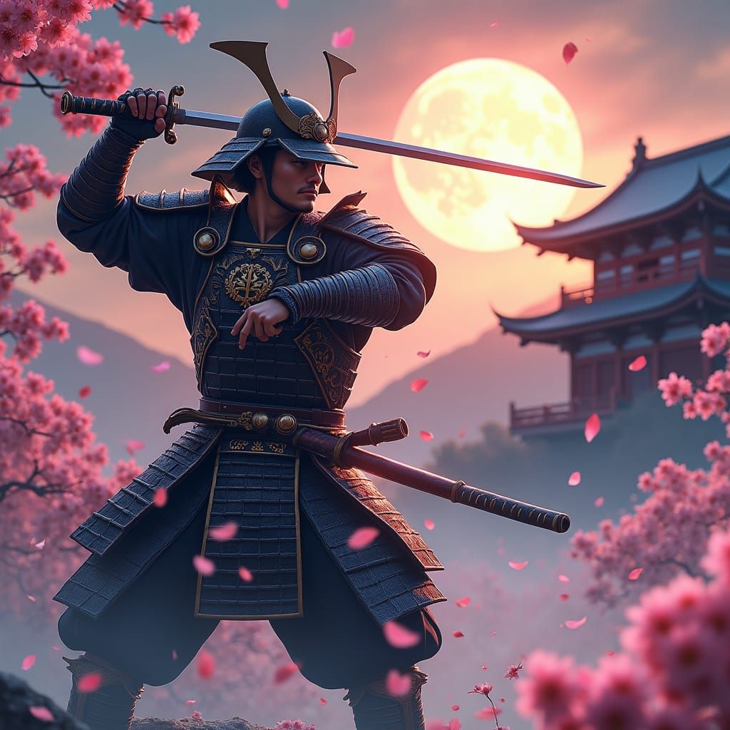 Anime Samurai Warrior with Katana in Cherry Blossom Storm