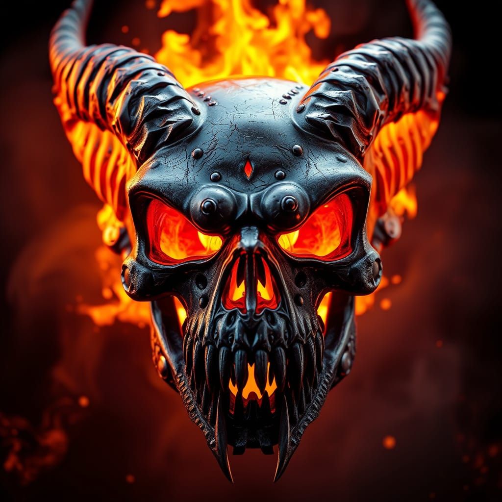 Metallic Demon Skull Mask with Glowing Eyes and Hellfire