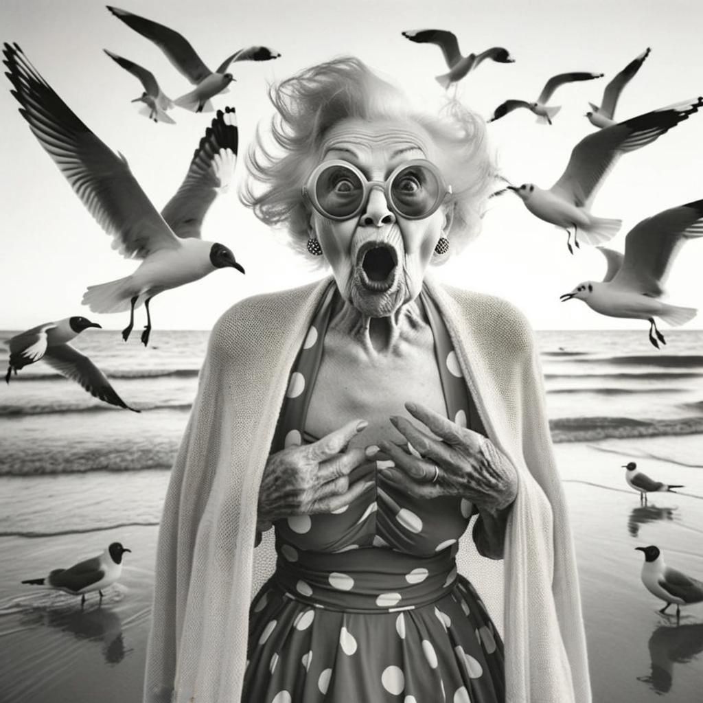 Playful Elderly Woman and Seagulls: Black and White Photo