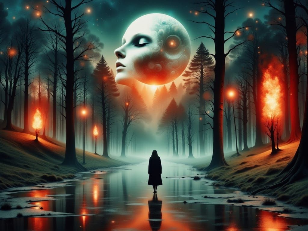 Melancholic Cyberpunk Dreamscape with Spectral Paper Dog