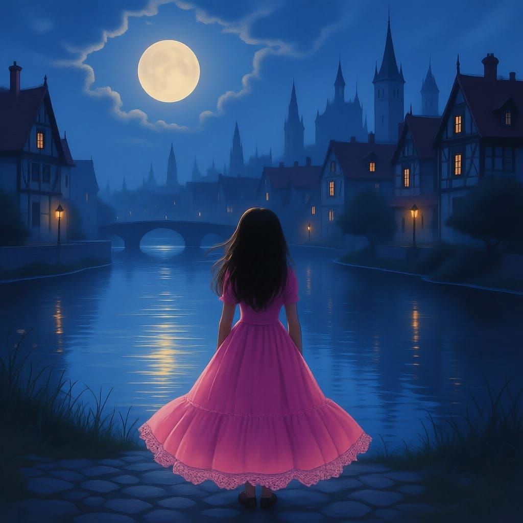 Girl by River at Dusk in Old Town, Soft Pastel Colors