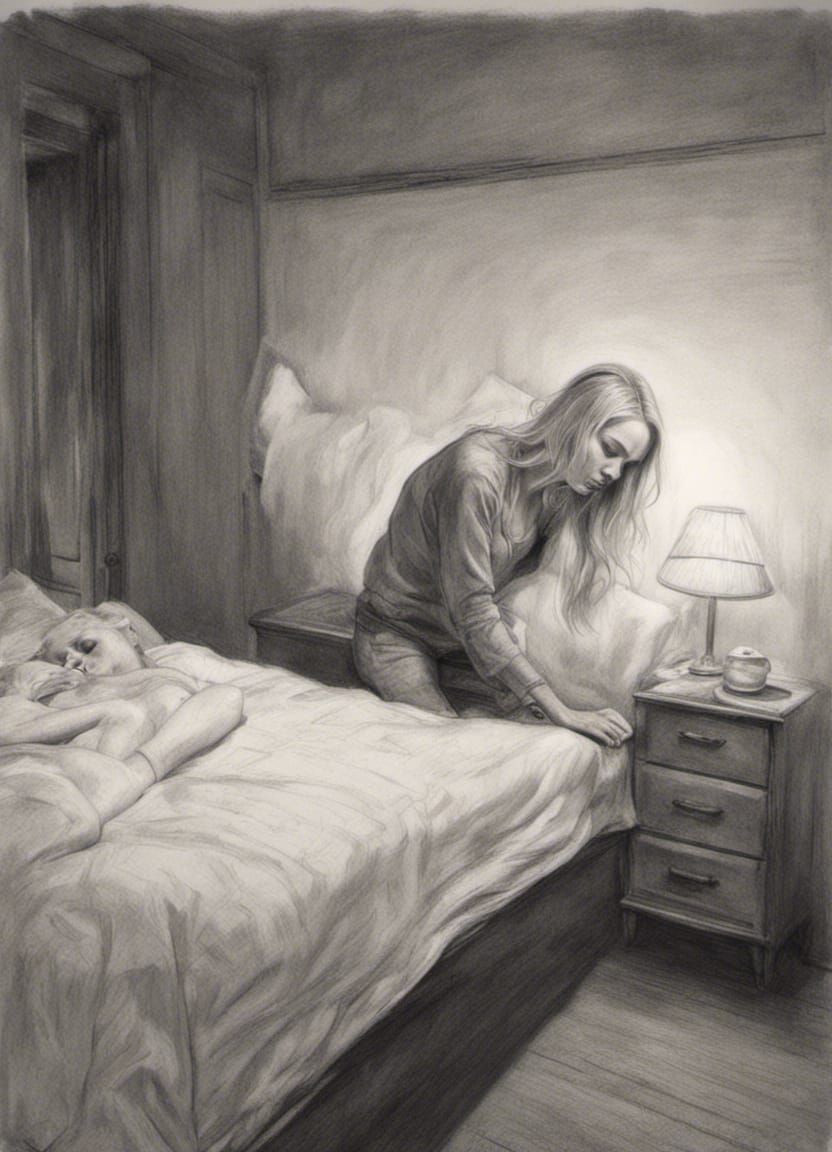 Night Interior: Woman Falls in Charcoal Drawing