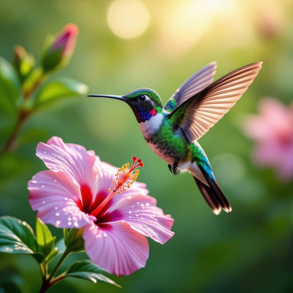 Hyperrealistic Hummingbird Hovering Over Hibiscus in Morning...