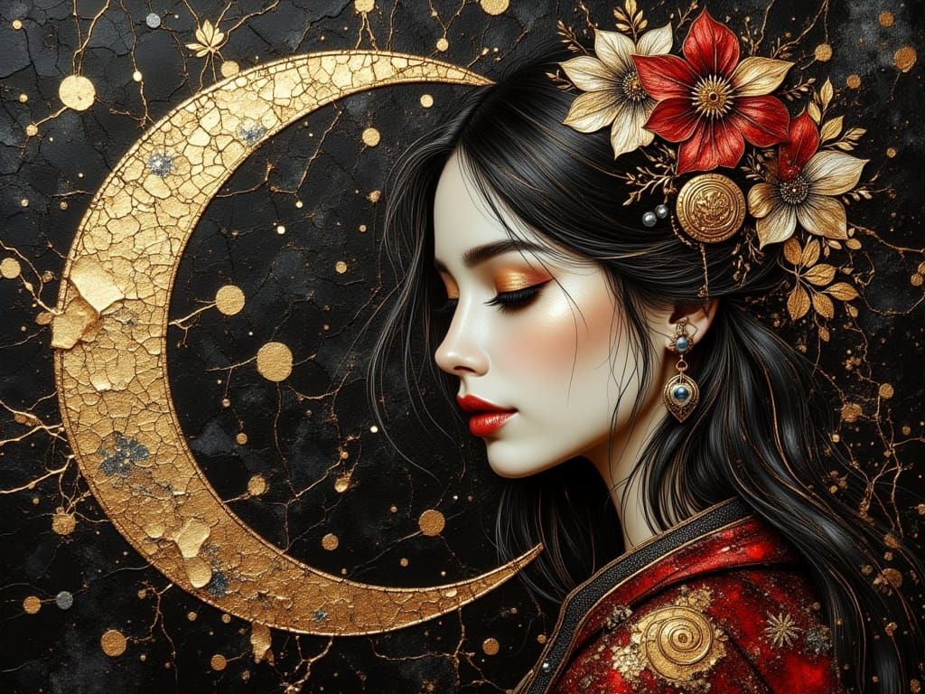 Elegant Cloisonné Woman Portrait with Crescent Moon Jewelry