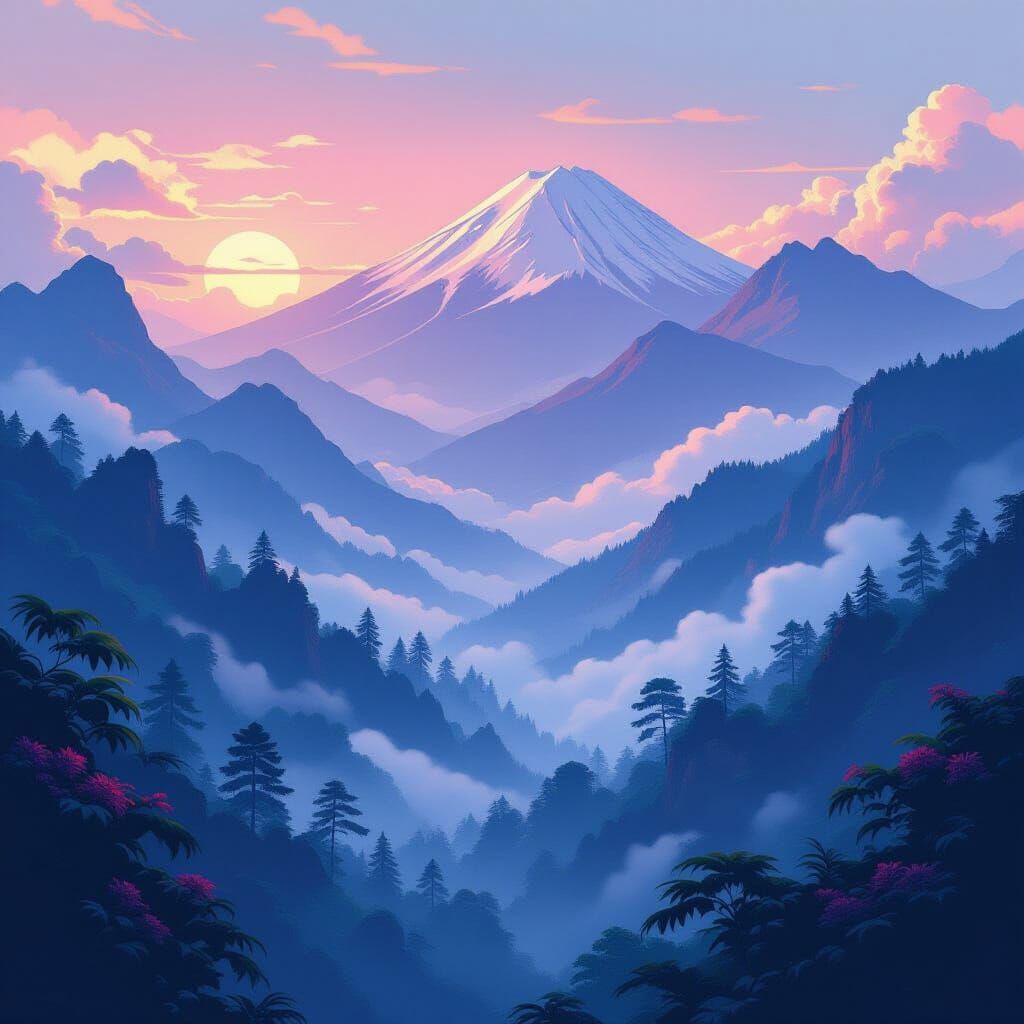 Enchanting Japanese Mountain Landscape in Matte Style