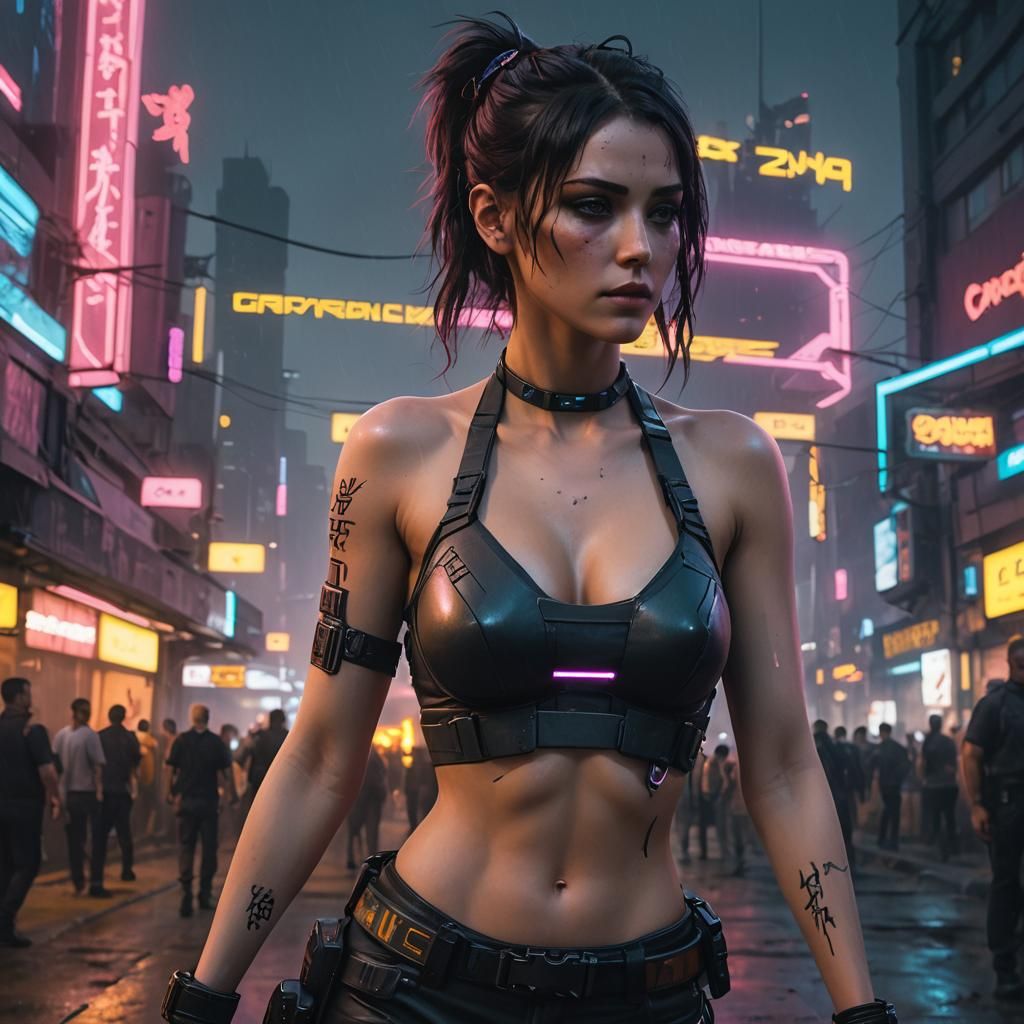 Cyberpunk Girl in Neon Outdoor Scene
