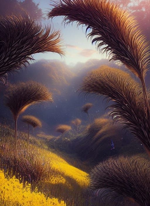 Golden Cornpunk Valley Landscape in Digital Illustration