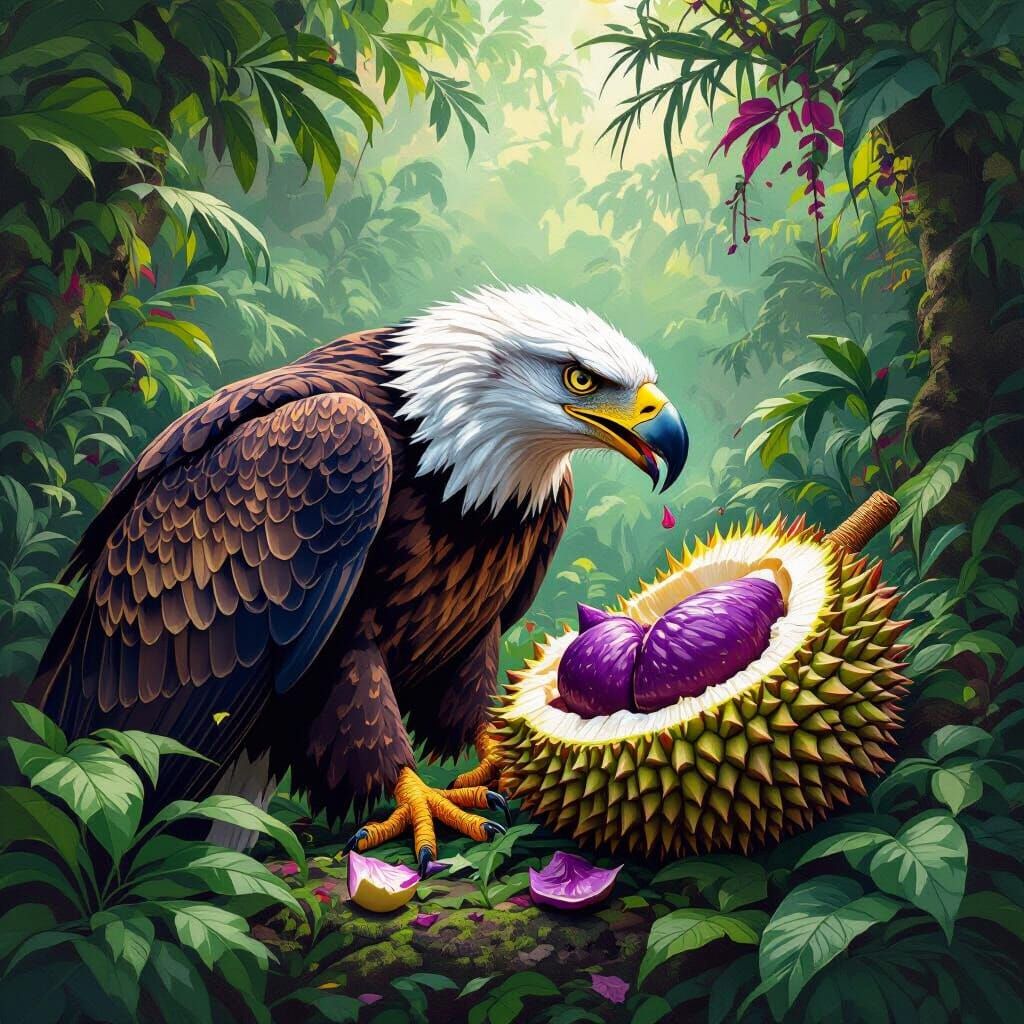 Eagle Devouring Durian in Lush Rainforest Art
