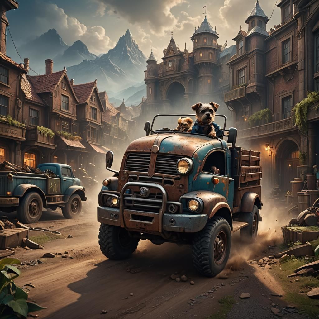 Dog Drives a Truck: Detailed Matte Painting