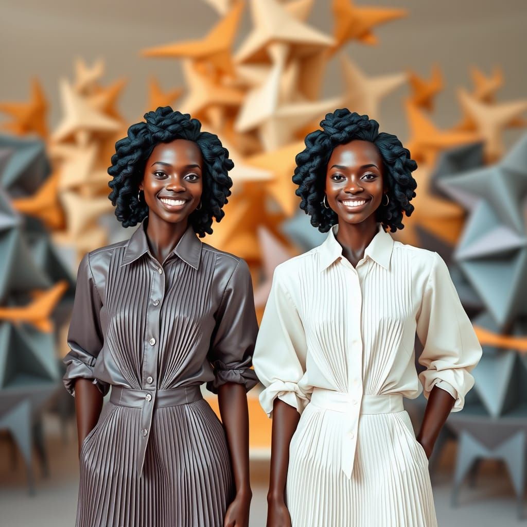 Smiling Women in Issey Miyake Style with Origami