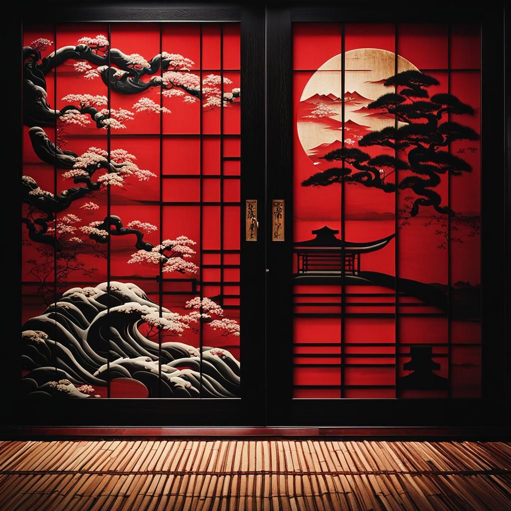 Japanese Wall Art in Black and Red, Sumi Ink Style