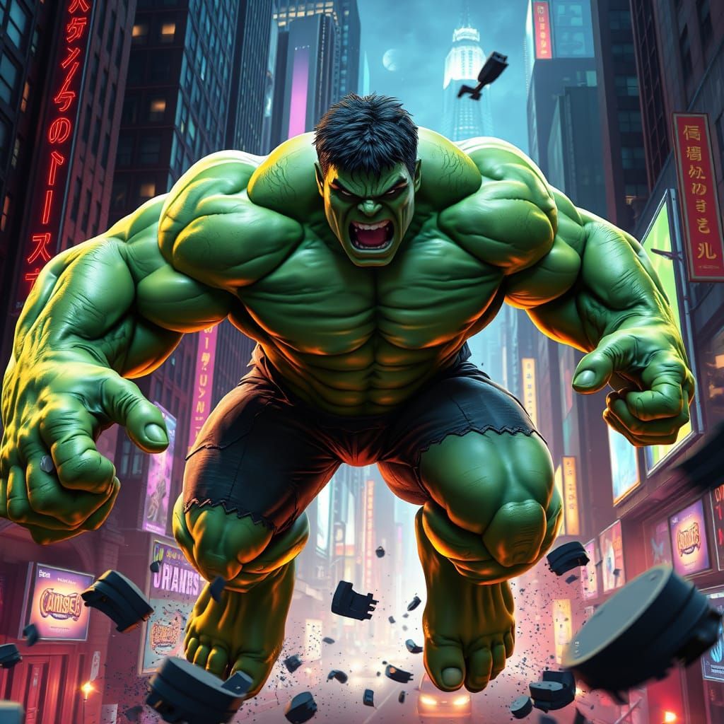 Cyberpunk Hulk Smashes Cityscape in 3D Anime Style