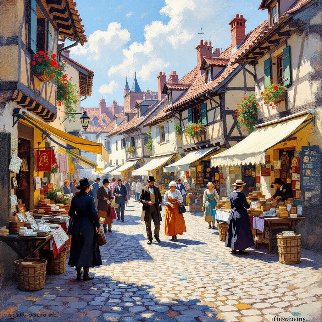 Bustling Town Square Gouache Painting with Currency