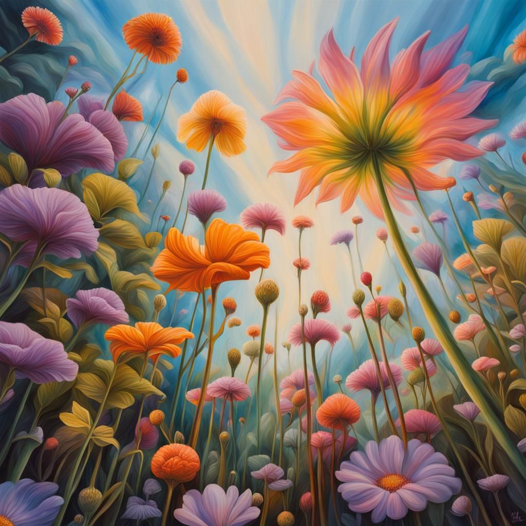 Atmospheric Dreamscape: Flowers from Below in Oil Painting