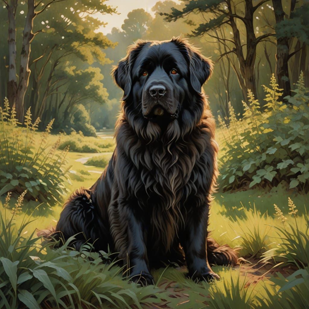 Majestic Newfoundland Dog in Impressionist Landscape