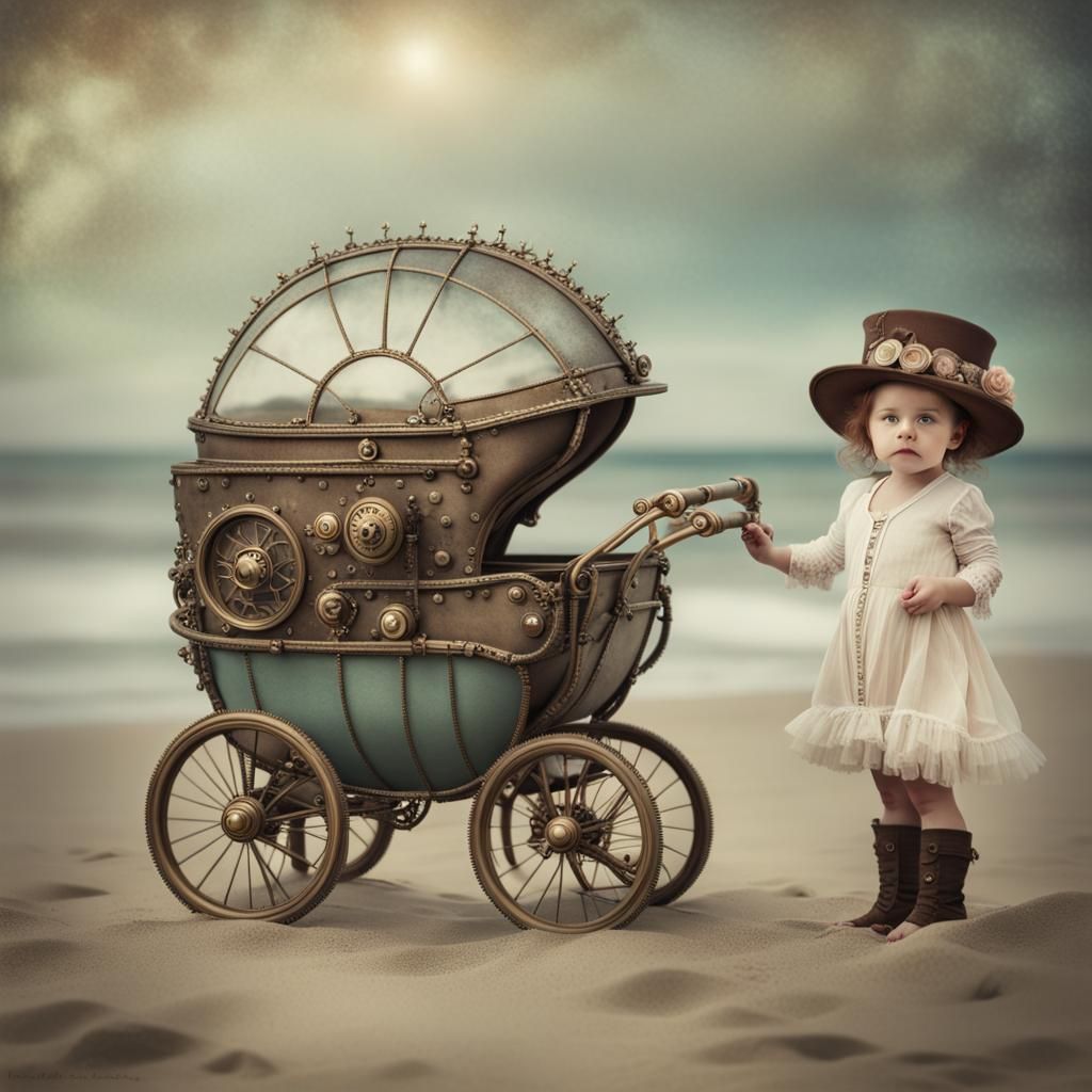 Steampunk Pram on Beach in Ceccoli Style